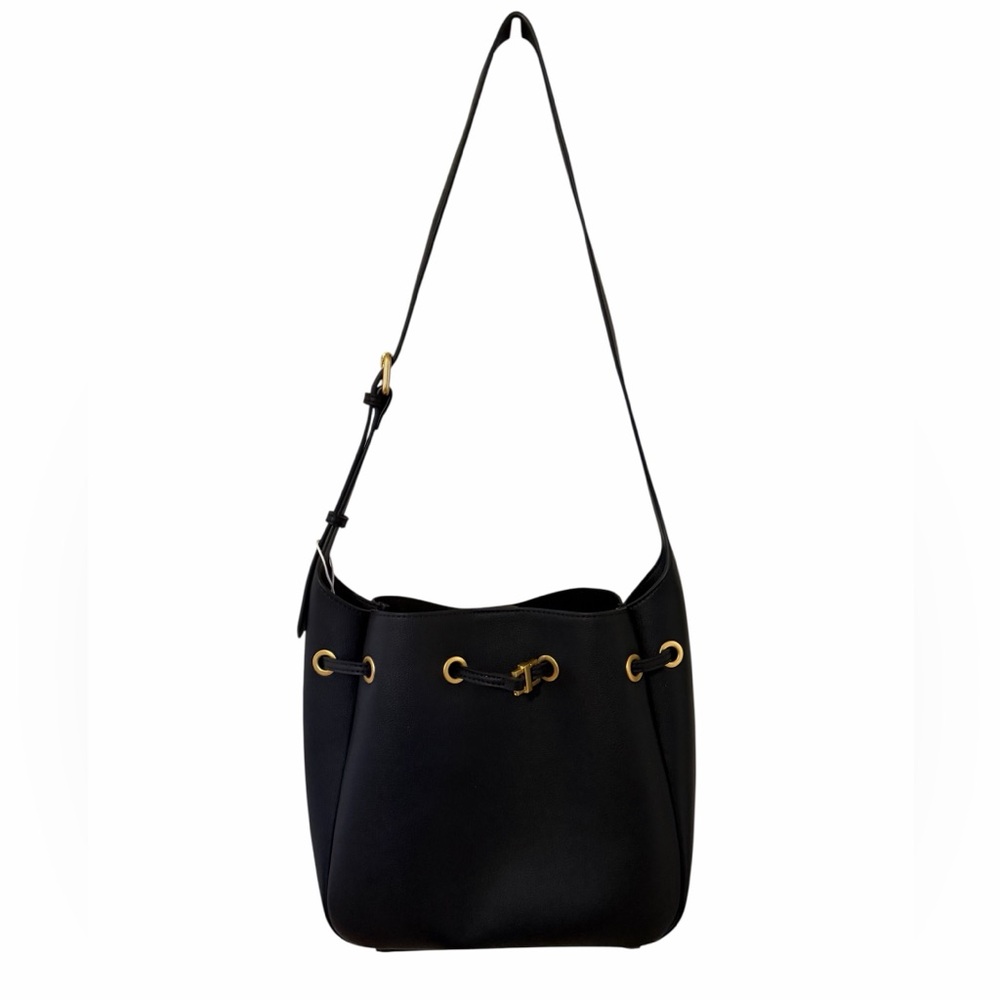 Urban Revivo Black Drawstring Bucket Shoulder Bag with Gold Accents